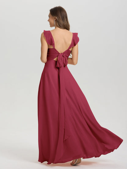 V-Neck Straps Back Tie Floor Length Chiffon Bridesmaid Dress with Slit
