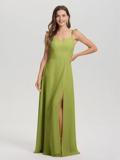 V-Neck Straps Back Tie Floor Length Chiffon Bridesmaid Dress with Slit