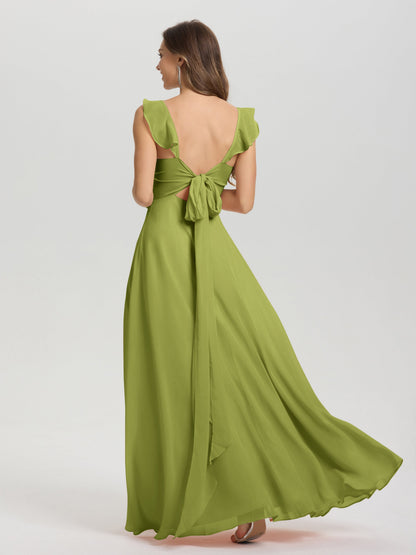 V-Neck Straps Back Tie Floor Length Chiffon Bridesmaid Dress with Slit