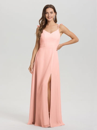 V-Neck Straps Back Tie Floor Length Chiffon Bridesmaid Dress with Slit