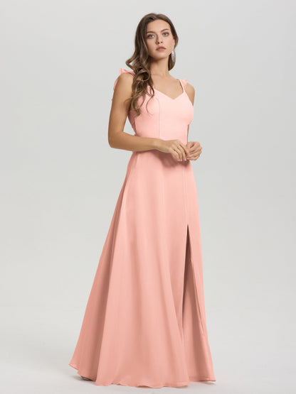 V-Neck Straps Back Tie Floor Length Chiffon Bridesmaid Dress with Slit