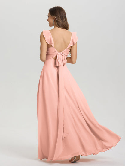 V-Neck Straps Back Tie Floor Length Chiffon Bridesmaid Dress with Slit