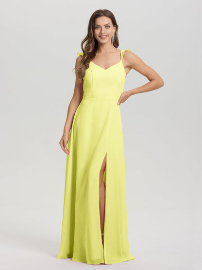 V-Neck Straps Back Tie Floor Length Chiffon Bridesmaid Dress with Slit