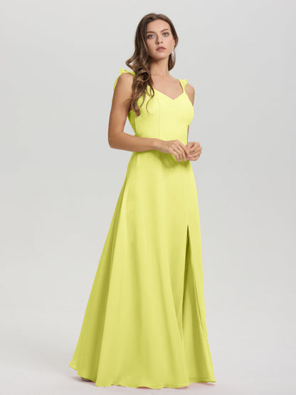 V-Neck Straps Back Tie Floor Length Chiffon Bridesmaid Dress with Slit