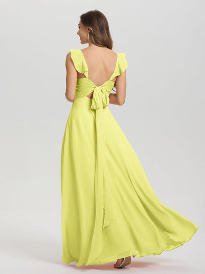 V-Neck Straps Back Tie Floor Length Chiffon Bridesmaid Dress with Slit