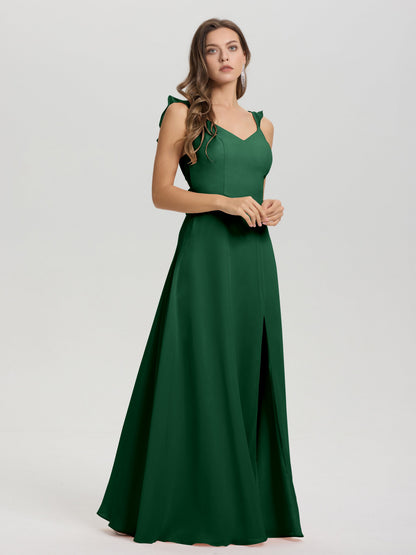 V-Neck Straps Back Tie Floor Length Chiffon Bridesmaid Dress with Slit