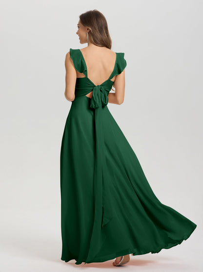 V-Neck Straps Back Tie Floor Length Chiffon Bridesmaid Dress with Slit