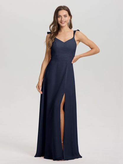 V-Neck Straps Back Tie Floor Length Chiffon Bridesmaid Dress with Slit