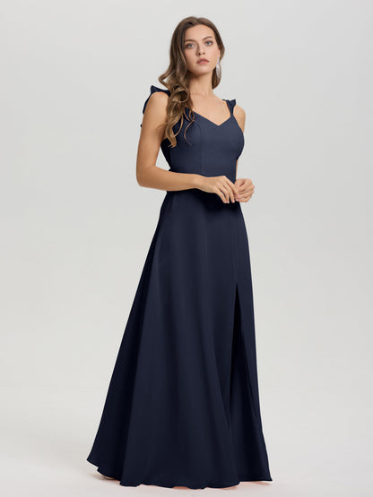 V-Neck Straps Back Tie Floor Length Chiffon Bridesmaid Dress with Slit