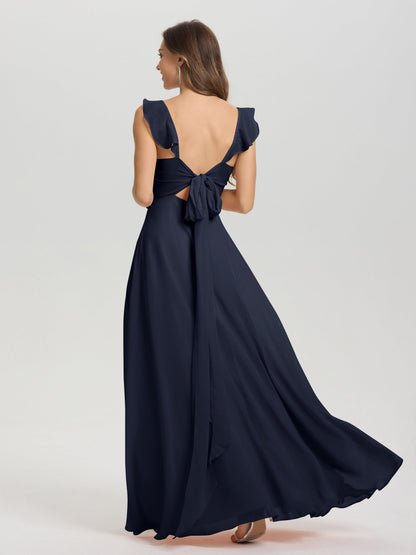 V-Neck Straps Back Tie Floor Length Chiffon Bridesmaid Dress with Slit