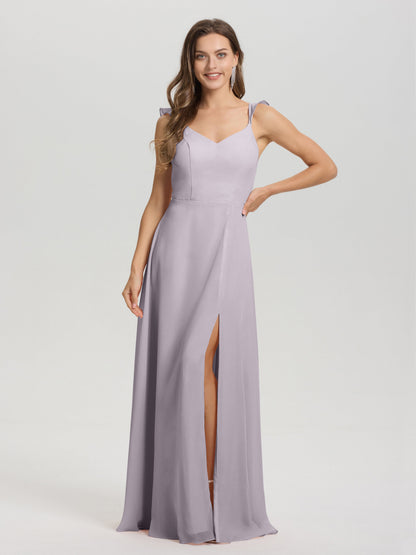 V-Neck Straps Back Tie Floor Length Chiffon Bridesmaid Dress with Slit