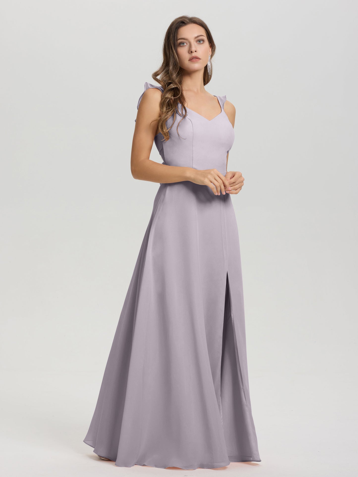 V-Neck Straps Back Tie Floor Length Chiffon Bridesmaid Dress with Slit