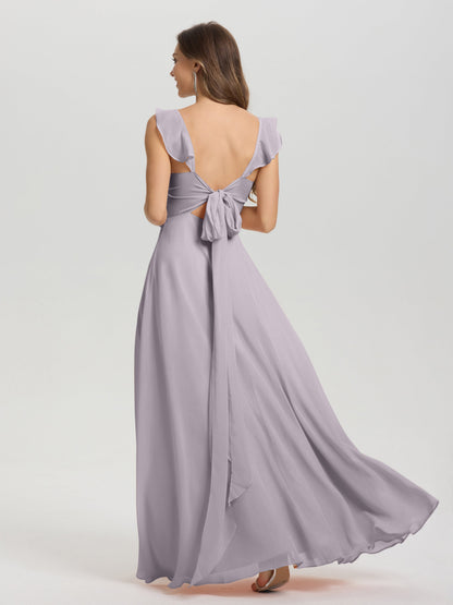 V-Neck Straps Back Tie Floor Length Chiffon Bridesmaid Dress with Slit
