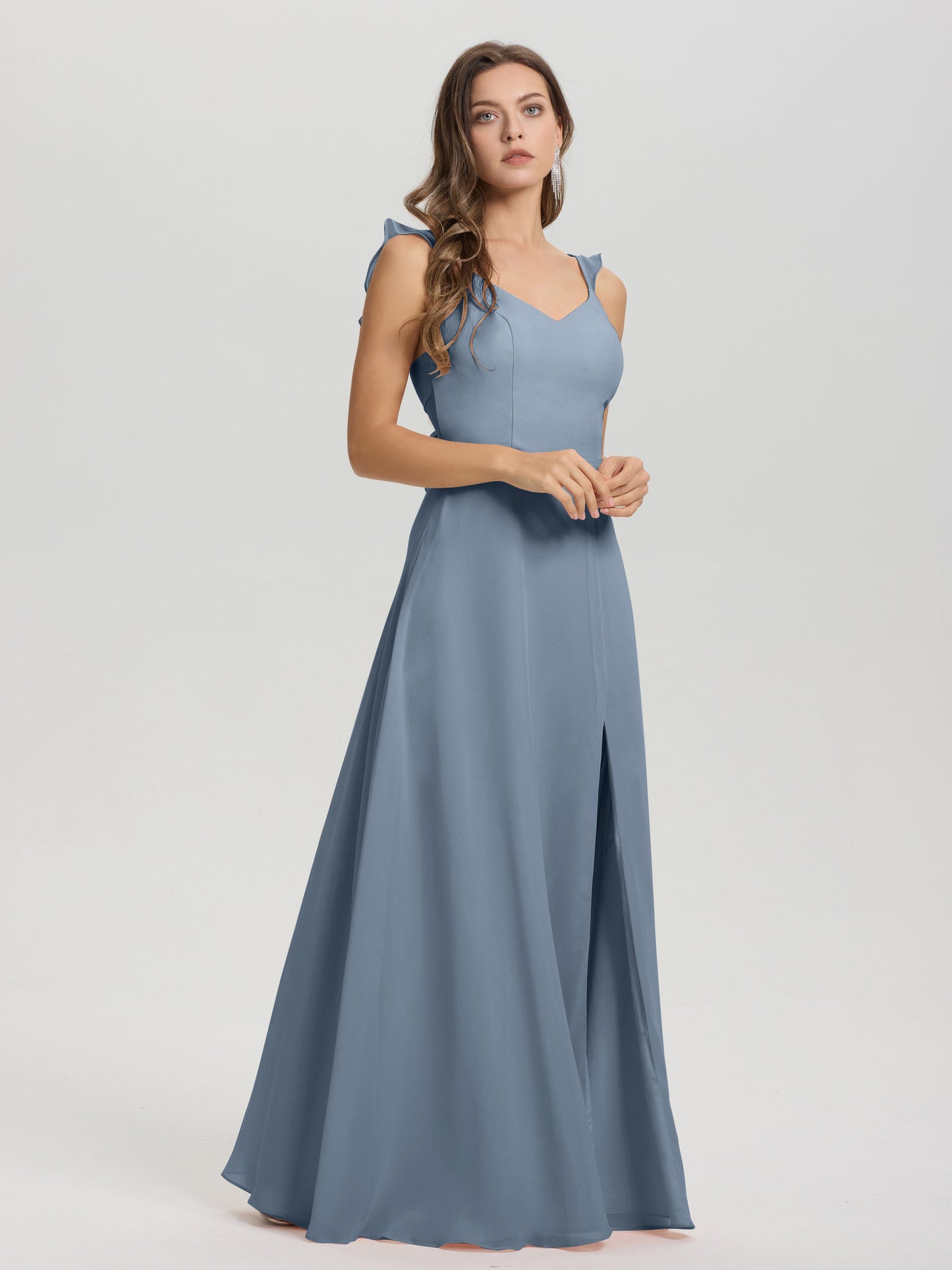 V-Neck Straps Back Tie Floor Length Chiffon Bridesmaid Dress with Slit