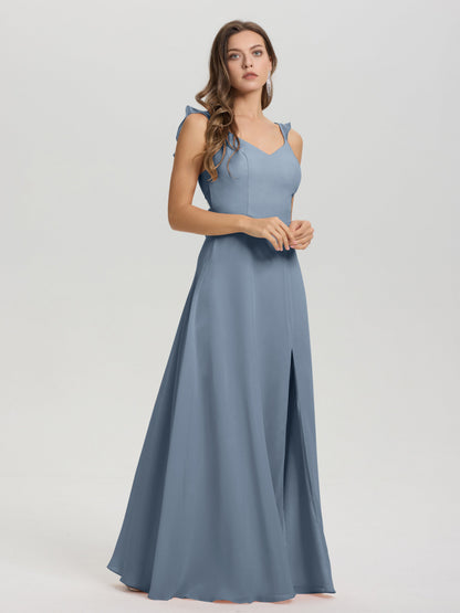 V-Neck Straps Back Tie Floor Length Chiffon Bridesmaid Dress with Slit