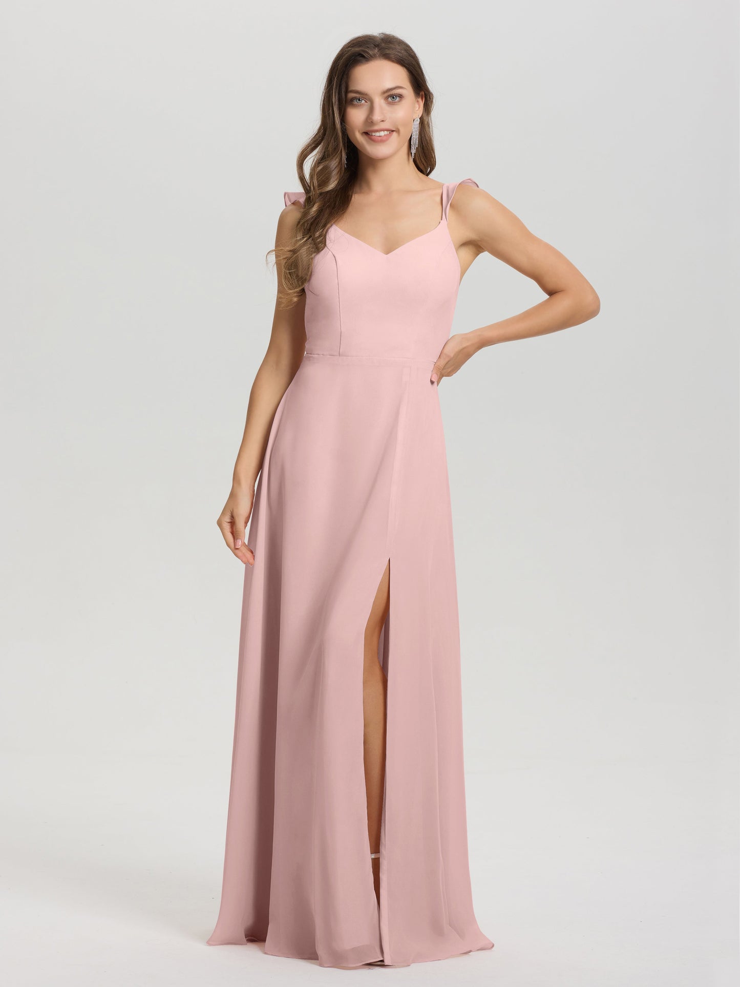V-Neck Straps Back Tie Floor Length Chiffon Bridesmaid Dress with Slit