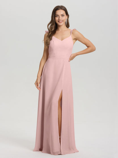 V-Neck Straps Back Tie Floor Length Chiffon Bridesmaid Dress with Slit