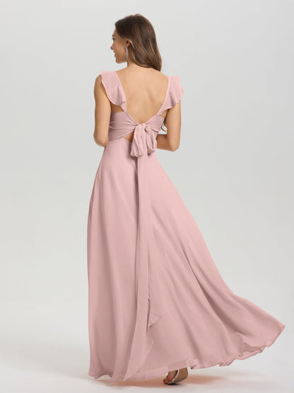 V-Neck Straps Back Tie Floor Length Chiffon Bridesmaid Dress with Slit