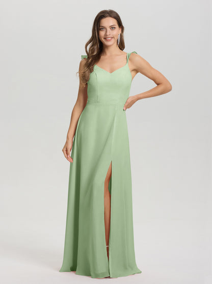 V-Neck Straps Back Tie Floor Length Chiffon Bridesmaid Dress with Slit