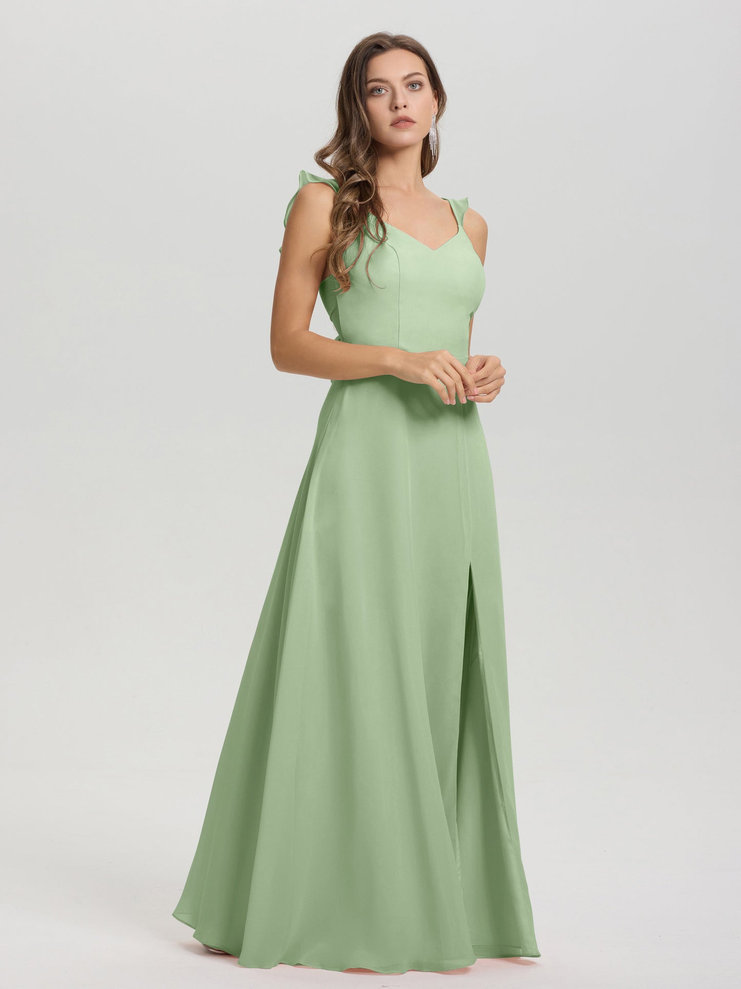 V-Neck Straps Back Tie Floor Length Chiffon Bridesmaid Dress with Slit