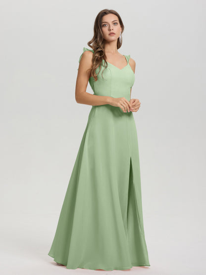 V-Neck Straps Back Tie Floor Length Chiffon Bridesmaid Dress with Slit