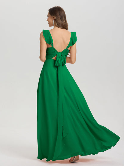 V-Neck Straps Back Tie Floor Length Chiffon Bridesmaid Dress with Slit