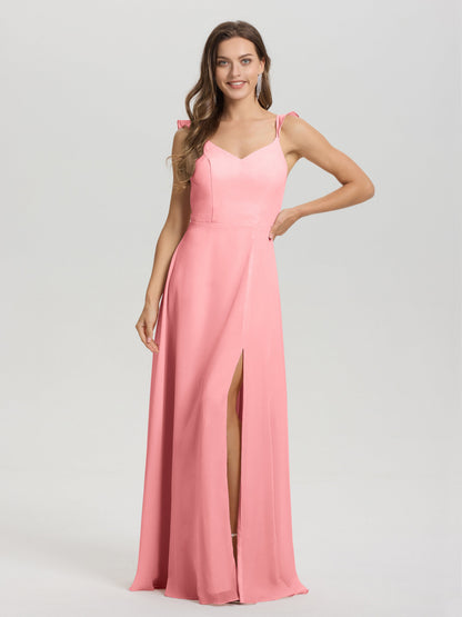 V-Neck Straps Back Tie Floor Length Chiffon Bridesmaid Dress with Slit