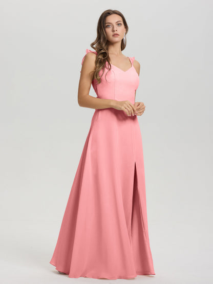 V-Neck Straps Back Tie Floor Length Chiffon Bridesmaid Dress with Slit