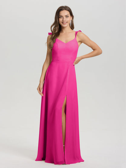 V-Neck Straps Back Tie Floor Length Chiffon Bridesmaid Dress with Slit