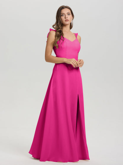 V-Neck Straps Back Tie Floor Length Chiffon Bridesmaid Dress with Slit