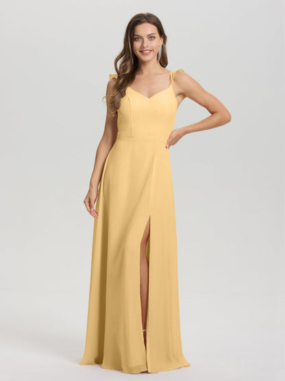 V-Neck Straps Back Tie Floor Length Chiffon Bridesmaid Dress with Slit