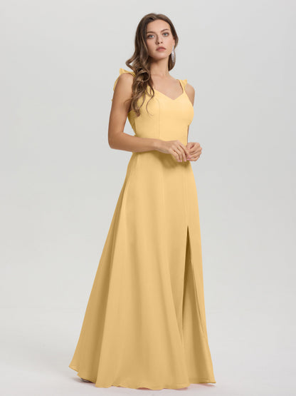 V-Neck Straps Back Tie Floor Length Chiffon Bridesmaid Dress with Slit