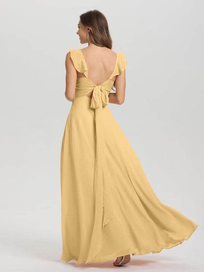 V-Neck Straps Back Tie Floor Length Chiffon Bridesmaid Dress with Slit