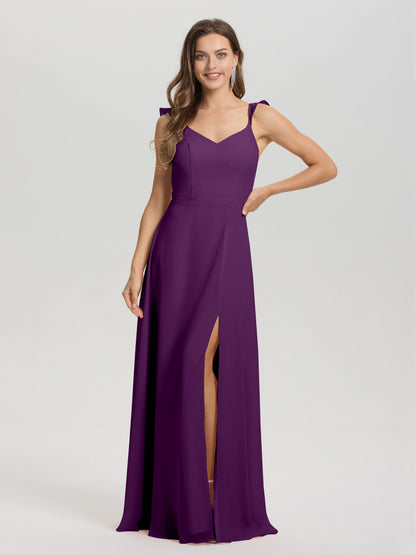 V-Neck Straps Back Tie Floor Length Chiffon Bridesmaid Dress with Slit