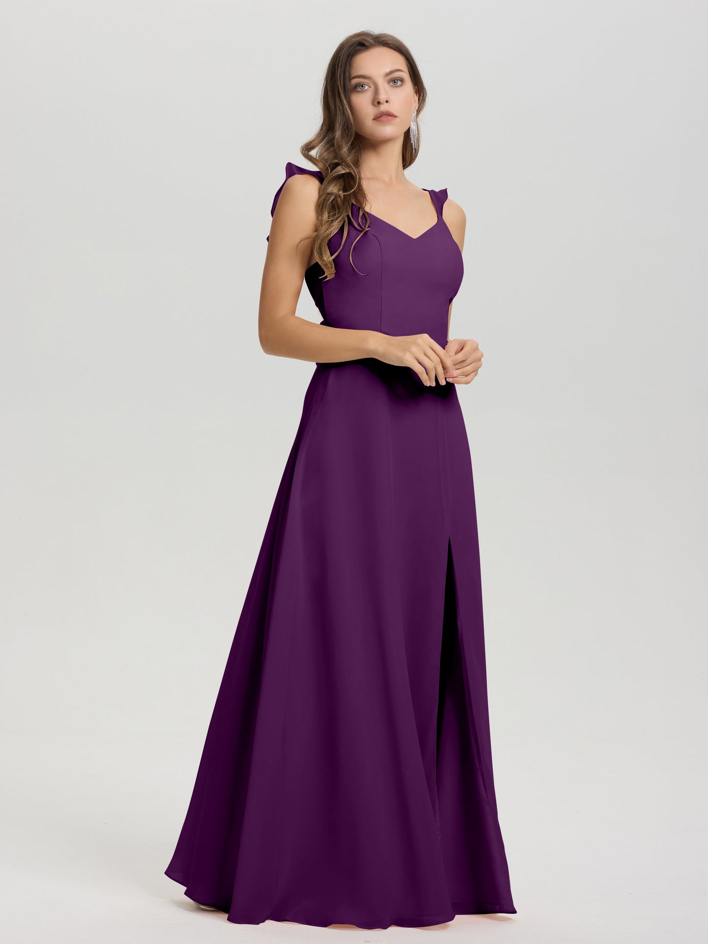 V-Neck Straps Back Tie Floor Length Chiffon Bridesmaid Dress with Slit