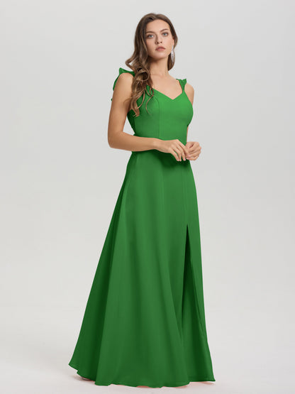 V-Neck Straps Back Tie Floor Length Chiffon Bridesmaid Dress with Slit