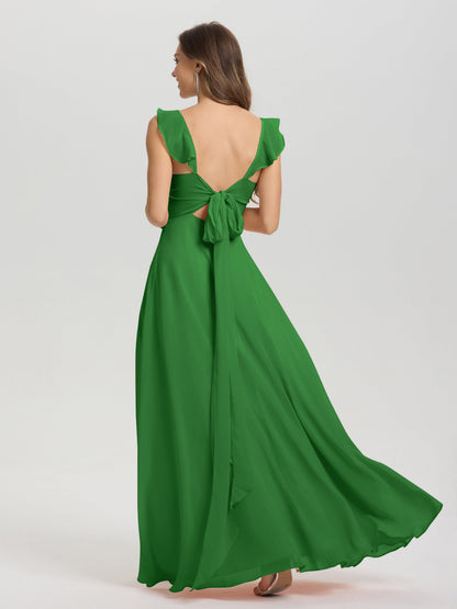 V-Neck Straps Back Tie Floor Length Chiffon Bridesmaid Dress with Slit