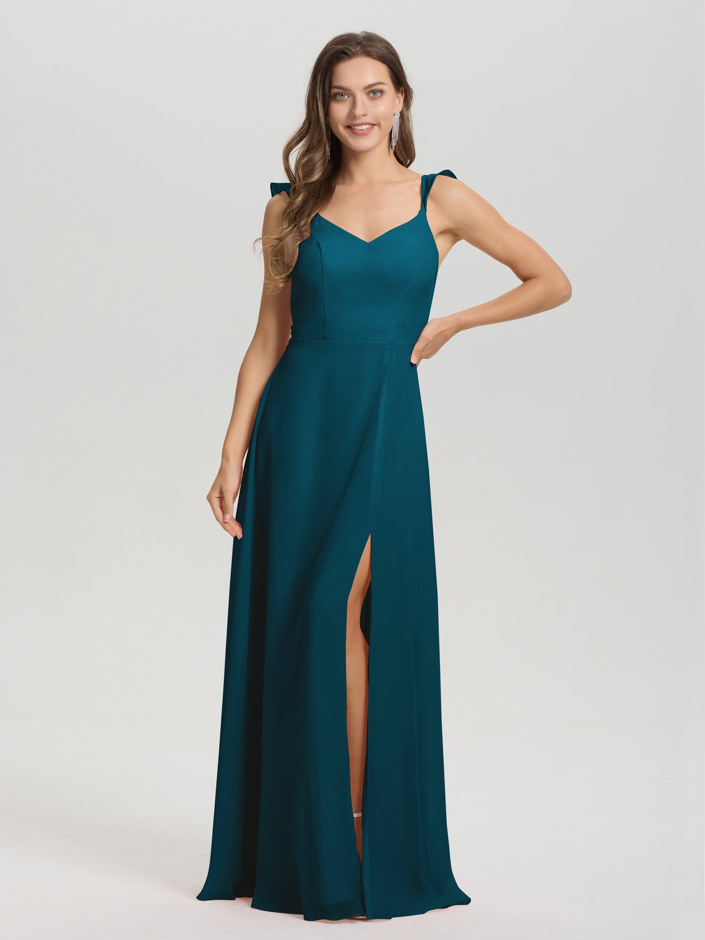V-Neck Straps Back Tie Floor Length Chiffon Bridesmaid Dress with Slit