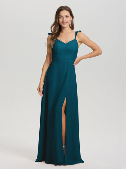 V-Neck Straps Back Tie Floor Length Chiffon Bridesmaid Dress with Slit
