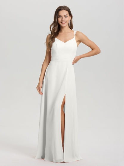 V-Neck Straps Back Tie Floor Length Chiffon Bridesmaid Dress with Slit