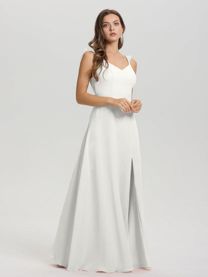 V-Neck Straps Back Tie Floor Length Chiffon Bridesmaid Dress with Slit