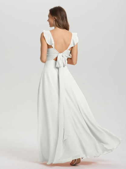 V-Neck Straps Back Tie Floor Length Chiffon Bridesmaid Dress with Slit