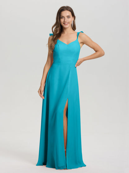 V-Neck Straps Back Tie Floor Length Chiffon Bridesmaid Dress with Slit