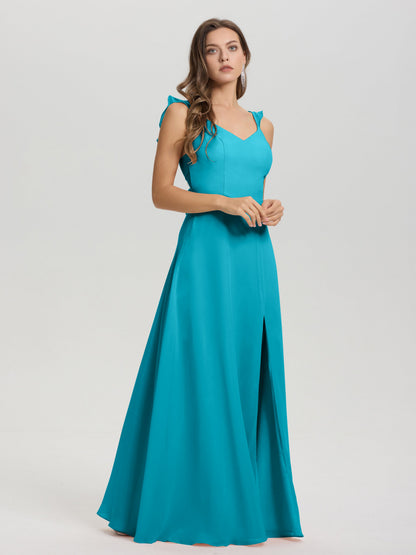 V-Neck Straps Back Tie Floor Length Chiffon Bridesmaid Dress with Slit