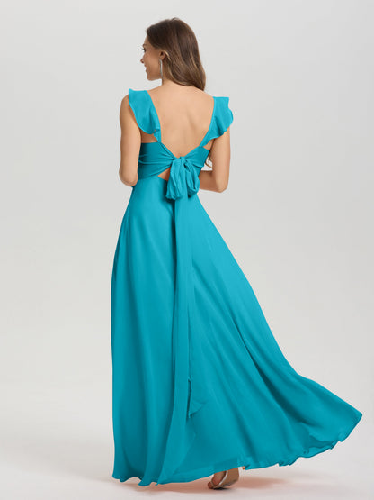 V-Neck Straps Back Tie Floor Length Chiffon Bridesmaid Dress with Slit