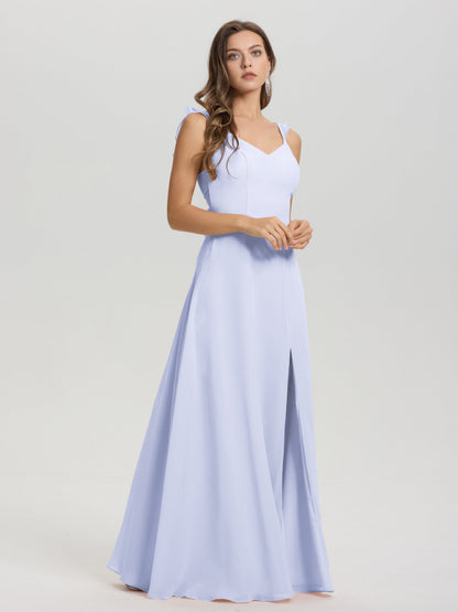 V-Neck Straps Back Tie Floor Length Chiffon Bridesmaid Dress with Slit