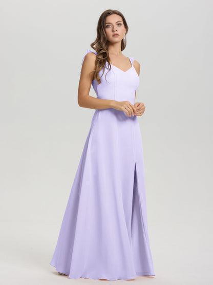 V-Neck Straps Back Tie Floor Length Chiffon Bridesmaid Dress with Slit