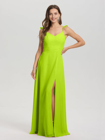 V-Neck Straps Back Tie Floor Length Chiffon Bridesmaid Dress with Slit