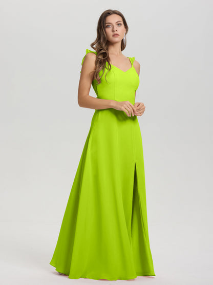 V-Neck Straps Back Tie Floor Length Chiffon Bridesmaid Dress with Slit