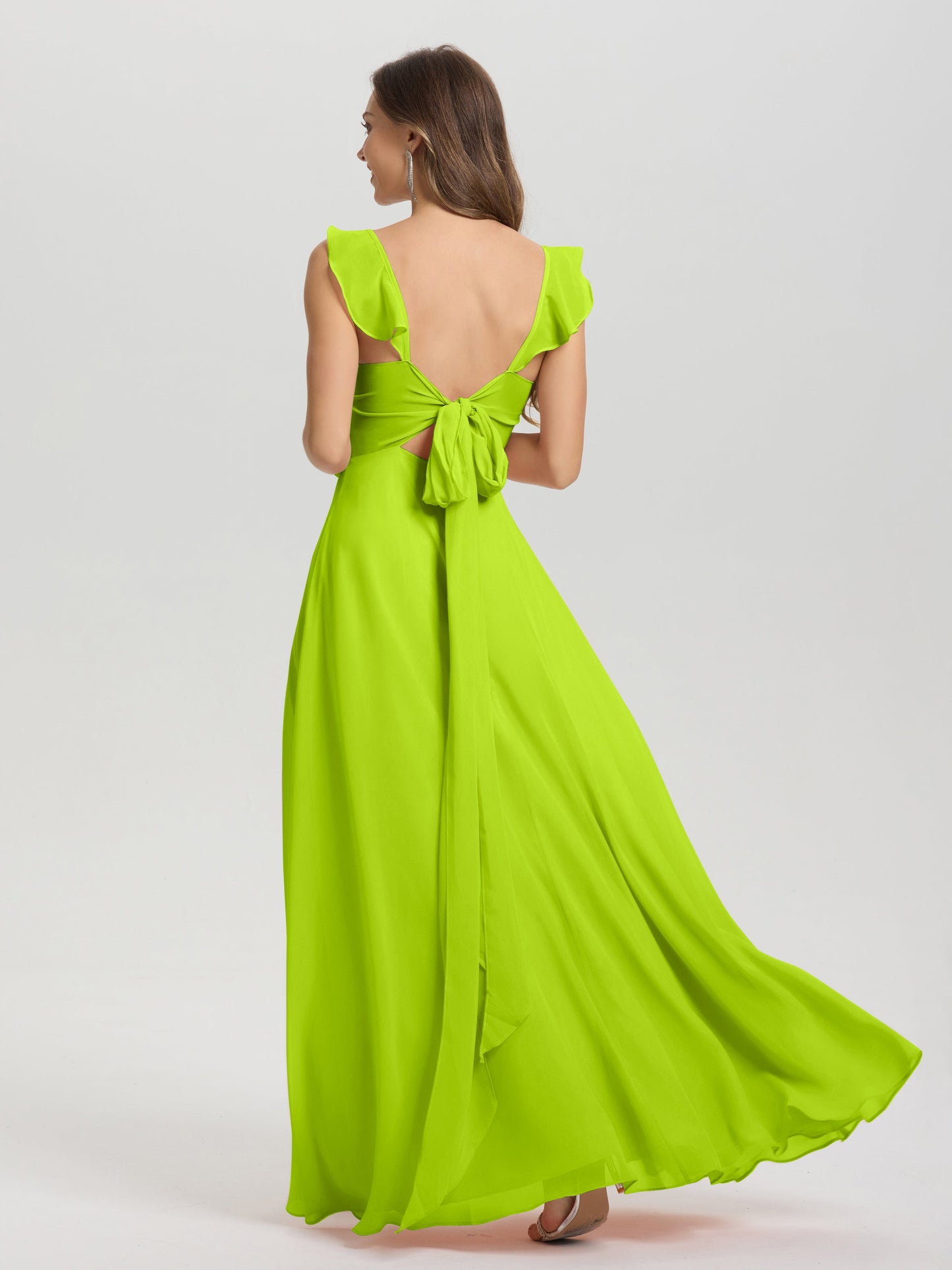 V-Neck Straps Back Tie Floor Length Chiffon Bridesmaid Dress with Slit